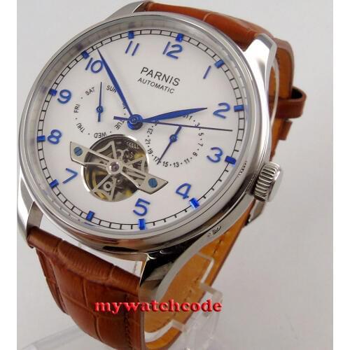 43mm parnis white dial date brown strap ST2552 automatic movement mens watch 902