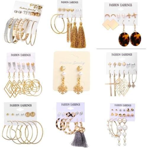 2021 Popular Fashion Pearl Tassel Circle Star Moon Earring Set Ladies Geometric Golden Metal Jewelry Party Best Friend Gift