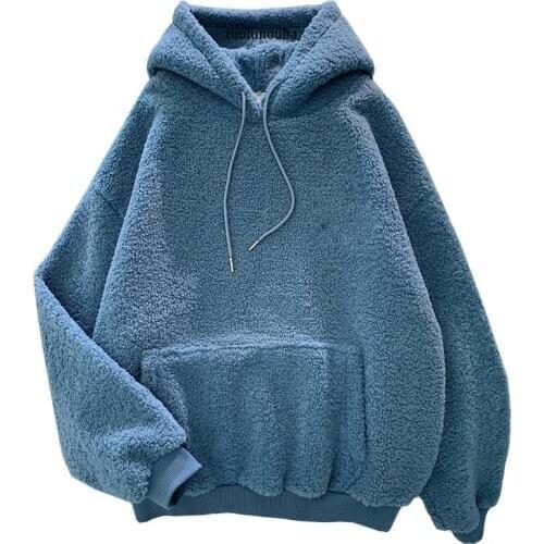 Neue Herbst Winter Dicke Warme Mantel Samt Kaschmir Frauen Hoody Sweatshirt Solid Blau Pullover Casual Tops Dame Lose Lange Hüls