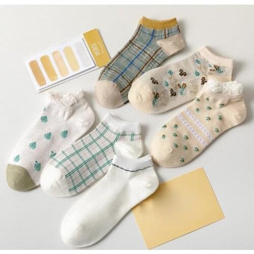 Leisure Boat Socks Spring and Summer Lace Plaid Cotton Boat Socks Women Sweet Short Socks Harajuku Fashion Pure Cotton Socks