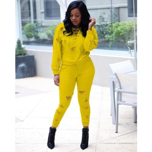 Autumn Winter 2pcs Tracksuit Outfit Women Hollow Out Set Crisscross Drawstring Neck Long Sleeve Top+Tight Hole Elastic Trousers