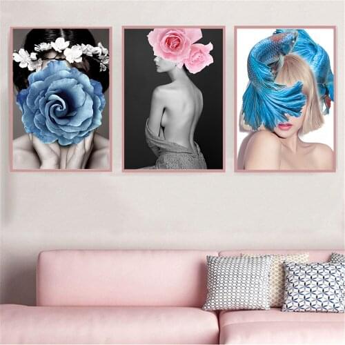 Nordic Poster Black and White Sexy Women Beautiful Flower Girl Wall Painting Canvas Art For Bedroom Decoration Picture