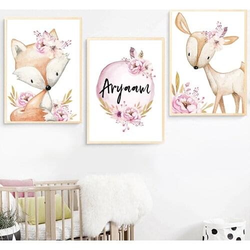 Nursery Posters Custom Name Wall Art Canvas Paintings Animal Fox Deer Print Pink Flower Peony Pictures Baby Girl Room Decoration