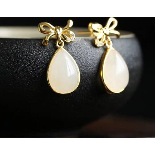 Silver inlaid natural Hotan white jade drop shaped earrings Chinese style retro court charm womens Christmas Halloween Gift