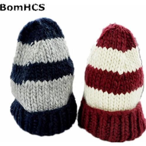 BomHCS Unisex Autumn Winter 100% Handmade Knitted Beanie Knit Crochet Ski Hat Oversized Cap Warm Large Stripes Hat