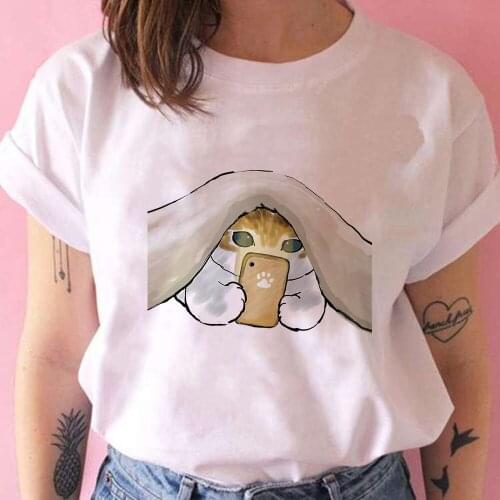 Cute Cat Print Women Clothing brand 2021 Versatile Casual T-shirts Summer Clothes For 12 Years Old Hipster Casual Loose T Shirt