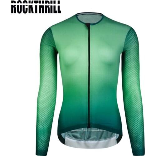 Rockthrill Women Green Cycling Jersey Pro Fit Sun-protective Bike MTB Jerseys Long Sleeve Reflective Spring Autumn Breathable