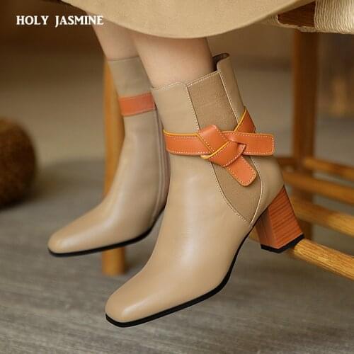 2022 Top Quality Genuine Leather Shoes Women Ankle Boots Square Toe Zip High Heels Platform Shoes Women Party Shoes Winter Boots