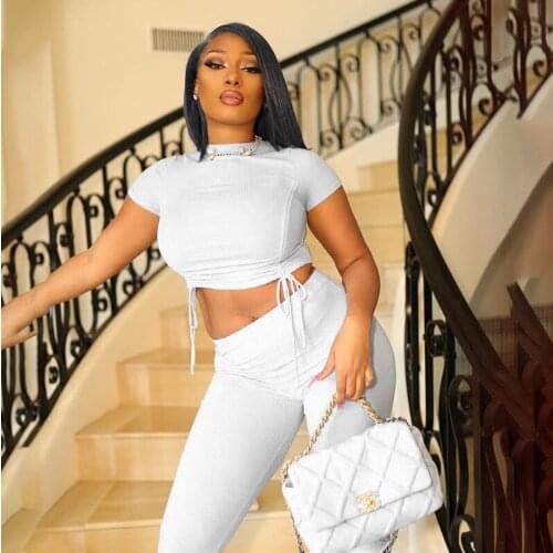 Womens Drawstring Open Waist Short Sleeve T-shirt Slim Pants Sets White Finess Slim Pants Tracksuit Women Fashion Two Piece Set