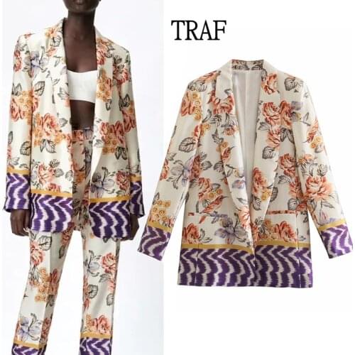 TRAF Za 2021 Blazer Women Vintage Print Cardigan Womens suit Coat Summer Long Sleeve Loose Pocket Female Outerwear Chic Tops