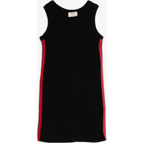 Female Child Black Bicycle Neck Sleeveless Ribbon Detail Dress Viscose
