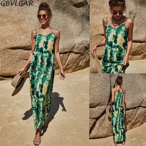 2021 Women Fashion Elegant Print Sexy Split Robe Green Maxi Dress Summer Sleeveless V-neck Spaghetti Strap Long Vestido Mujer