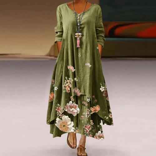 Plus Size Dress Women Casual Floral Print Dress O-neck Long Sleeve Irregular Loose Long Dress Summer Clothes For Women Vestidos