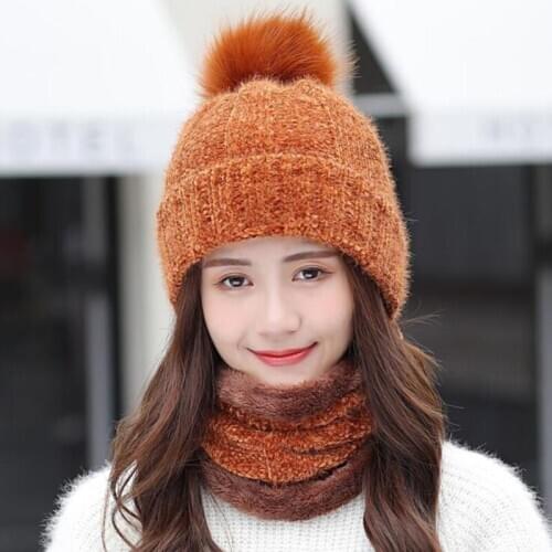 2021 Warm Beanie Ladies Hats Brand New Winter Hat Women Velvet Thick Lady Chenille Knit Hat Bib Female Outdoor Sets 2 Wool Caps