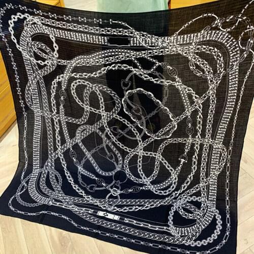 70% Cashmere 30% Silk Scarf Women Vintage Chain Print Shawl Stole Head Neck Big Blanket Kerchief Headband 135*135cm