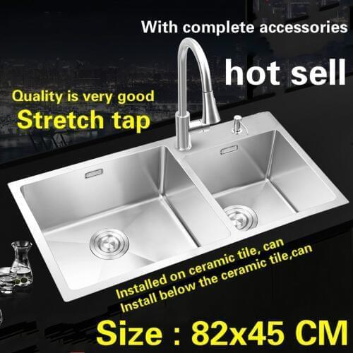 Free shipping Food grade 304 stainless steel big kitchen sink stretch tap thickness 4 mm double - groove durable 82x45 CM