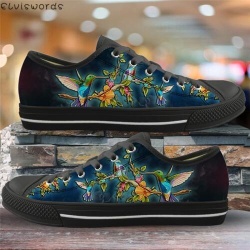 ELVISWORDS Parrot Flowers Design Brand Vulcanized Shoes Fashion Women Light Canvas Low Top Sneakers Lace-up Youth Flats Footwear