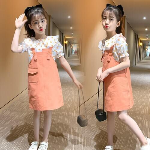 Summer Girl Sets Casual Polka Dot Short-sleeved T-shirt Strap Dress 2pcs Kids Clothing Big Girl Suits 4 5 6 7 8 9 10 Years 2020