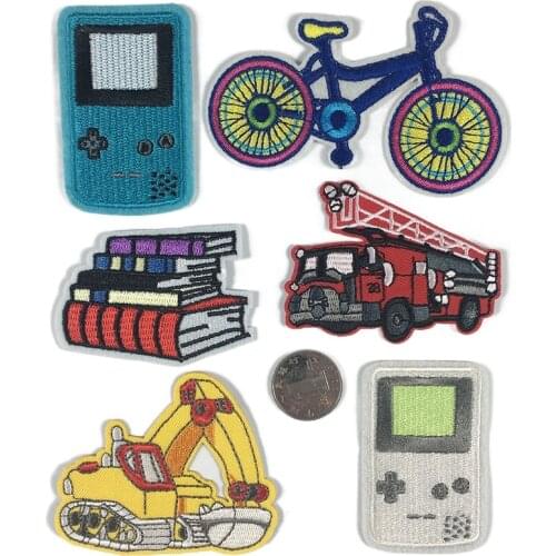 Cartoon Patch Adhesive Embroidered Cloth Stickers Bag Clothes DIY Patch Game Machine Bicycle Fire Truck Book Iron on Patches