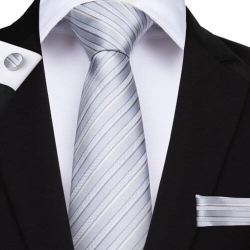 DiBanGu Gray Striped 150cm Length Mens Ties Pocket Square Set Tie Men Jacquard Woven Neckties Men For Wedding Formal N-7058