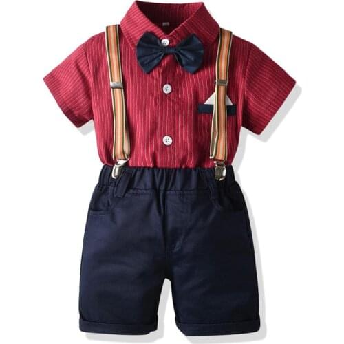 Formal Clothes for Baby Boy Bow Tie Suit Set Summer Red Shirt Handsome Short Sleeve Striped Shirt Shorts Children Outfit