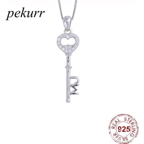 Pekurr 925 Sterling Silver Crystal Hollow Love Heart Key Necklaces For Women Key Pendants Girl Wedding Fashion Jewelry Gifts
