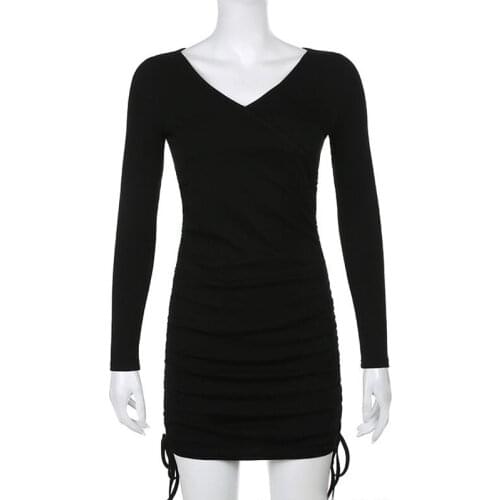 SURUFENG Knitting Autumn Dress Women 2021 Sexy V-Neck Long Sleeve Slim Elastic Bodycon Dress Short Pleated Party Dresses M-4XL