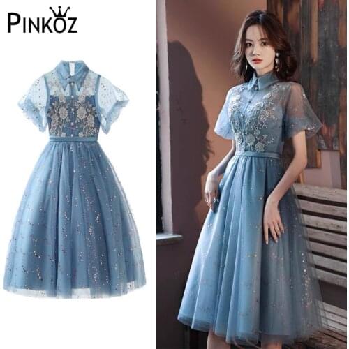Pinkoz knee length mesh ligh blue dress turn down collar puff sleeve high waist sequined party sweet fairy french vintage dresse