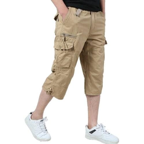 Summer Male Shorts Multi Pocket Loose Zipper Breeches Khaki Grey Plus Size Short Pant Casual Cotton Black Long Mens Cargo Shorts