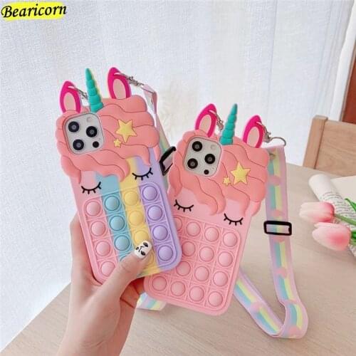Pop Fidget Toys Push Bubble Silicone Beans Case For iPhone 6 6s 7 8 Plus X XR XS 11 12 Pro Max SE Cartoon Unicorn Strap Cover