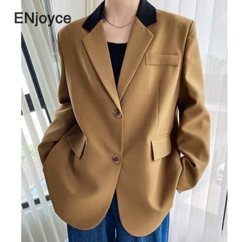 Vintage Coffee Patchwork Collar Blazer Women Spring Fall Casual Suit Blazers Korean Trendy Office Ladies Long Sleeve Workwear