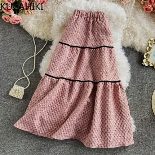 KUSAHIKI Spring Stretch High Waist A-line Skirts Korean Sweet Patchwork Ruffle Women Skirts Causal 2021 Faldas Mujer Moda 6E491