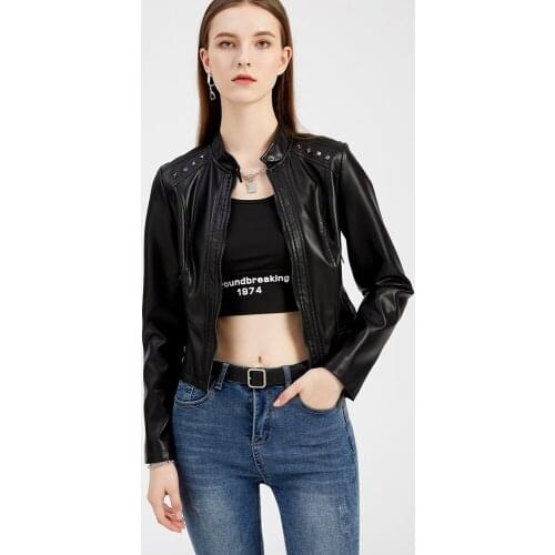 Womens Spring and Autumn Rivet Leather Jacket Womens Short Jacket Long Sleeve Jacket Thin Stand Collar Fashion Leather Jacket