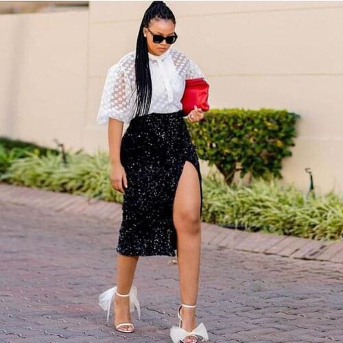 Sexy Black Sheath Sequined Skirts For Women 2020 Zipper High Side Split Mid Calf Skirt Female Mujer Faldas