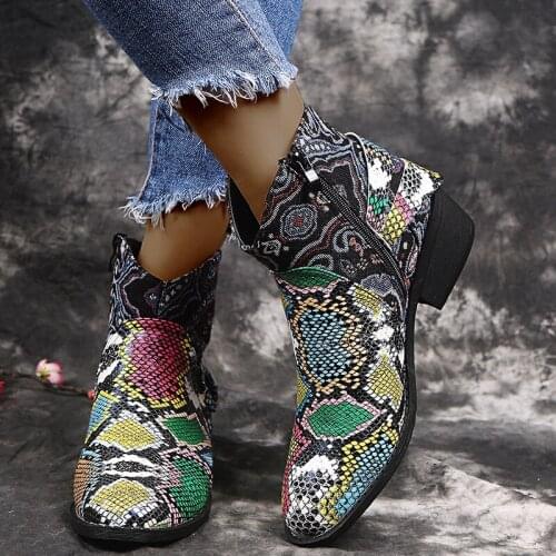 New Women Fashion Ankle Boots Round Toe Low Square Heel Boots Autumn/Winter Zipper shoes Snakeskin Pattern PU Boots Zapatos 43