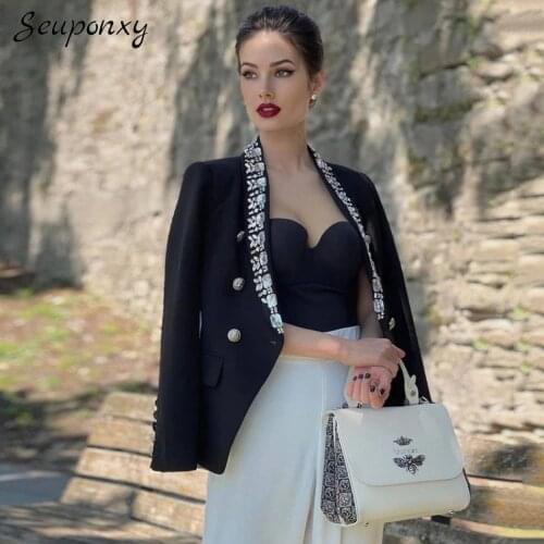 High-quality Spring 2021 Womens Black Slim-fit Blazer Sexy V-neck Long Sleeve Double Breasted Diamond Beaded Casual Blazer