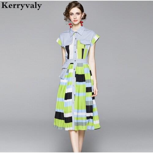New Fashion Contrasting Color Lapel Waist Hugging Stitching Pleated Women Dress Ropa Mujer Verano 2021 Midi Dress K5563