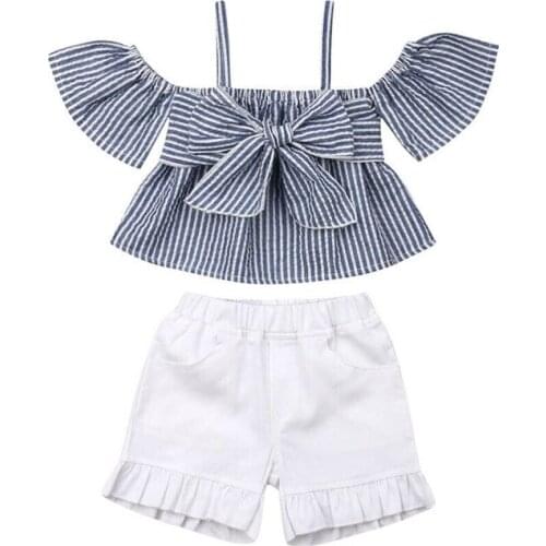 Hot Toddler Baby Girl Kid Clothes Bow Top Stripe Off Shoulder Blouse + Shorts Pants Outfit Set 2PCS