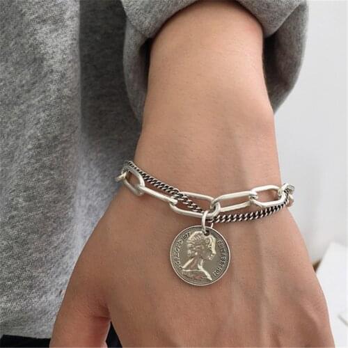 Punk Bracelets Carved Coin Head Bracelet Bangle Circle Queen Thick Chain Tassel Pendant Bracelet Women Jewelry
