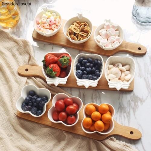 Clean White Ceramic Bowls with Bamboo Wood Tray Creative 3 Dish Fruits Platter Snacks Plate Desserts Plate Home Tableware