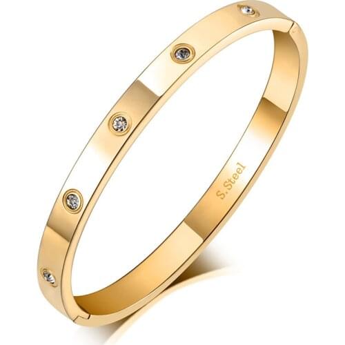 Luxury CZ Crystal 6mm Cuff Bangles For Women Trendy Cubic Zirconia Love Titanium Stainless Steel Bracelet B19062