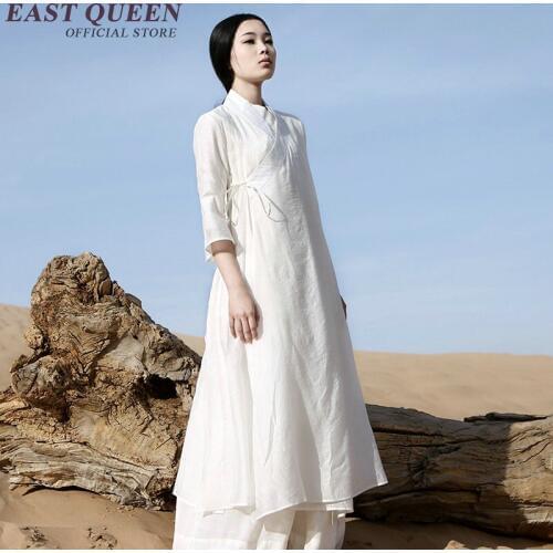 Chinese Ancient Costume Chinese Traditional Dress White Cotton Maxi Dress Oriental Style Dresses Free Size AA2498 YQ