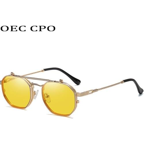 OEC CPO Classic Steampunk Flip Sunglasses Men Vintage Square Metal Frame Sun Glasses for Women Retro Gothic Glasses Oculos UV400