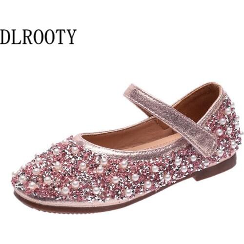 Children Shoes Bling String Bead Dance Performance Sport Girl Sneakers Kids Casual Hook & Loop Child Flat Leather Soft Running
