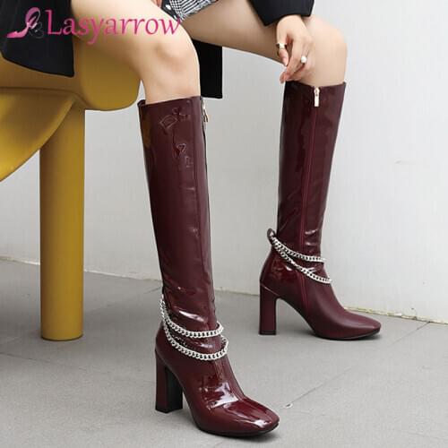 Lasyarrow Plus Size 34-46 Female Chain Boots Knee High Boots Women Square Toe Thick High Heels Zip Shoes Woman 2020 Winter