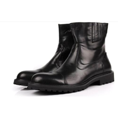 New Mid-calf fashion pointed toe Martin shoes black mens boots Winter genuine leather men boots slip on men ankle boots
