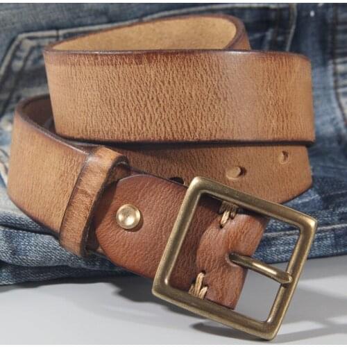 Belt For Men 100% Cowhide High Quality Retro Vintage Non-Interlayer Natural Leather Copper Buckle Jeans Casual Pants Mens Belt
