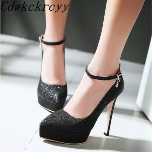 Spring New pattern fashion Cusp temperament Simplicity Sequins black sexy High-heeled Waterproof banquet marry Women Shoes 34-43