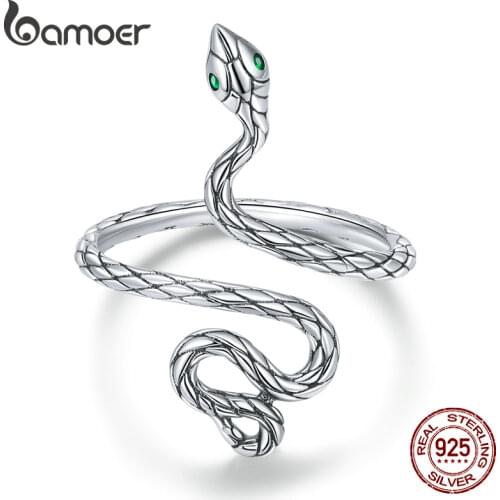 Bamoer New Retro 925 Sterling Silver Dark Punk Snake Exaggerated Spirit Open Ring Adjustable Ring Jewelry Gift Bijoux BSR199
