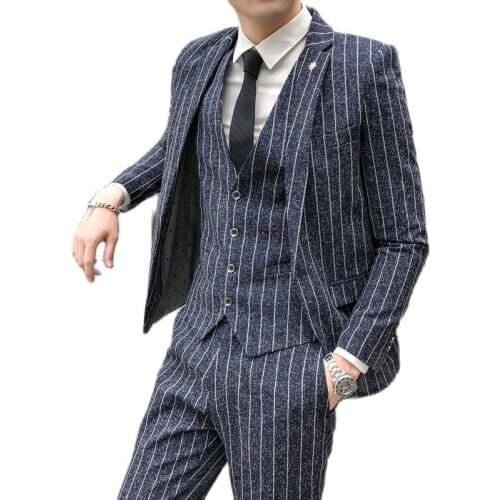 Jacket + Vest + Pants ) Boutique Fashion Striped Mens Slim Casual Business Suit 3 Pcs Set Groom Wedding Dress Show Tuxedo Suit
